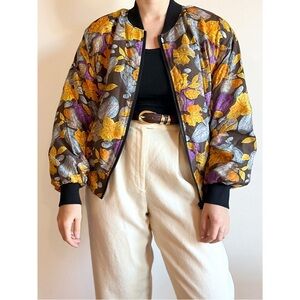 Vintage 100% Silk Bomber Black Jacket Fall Autumn Leaves Pattern S-L Unisex
